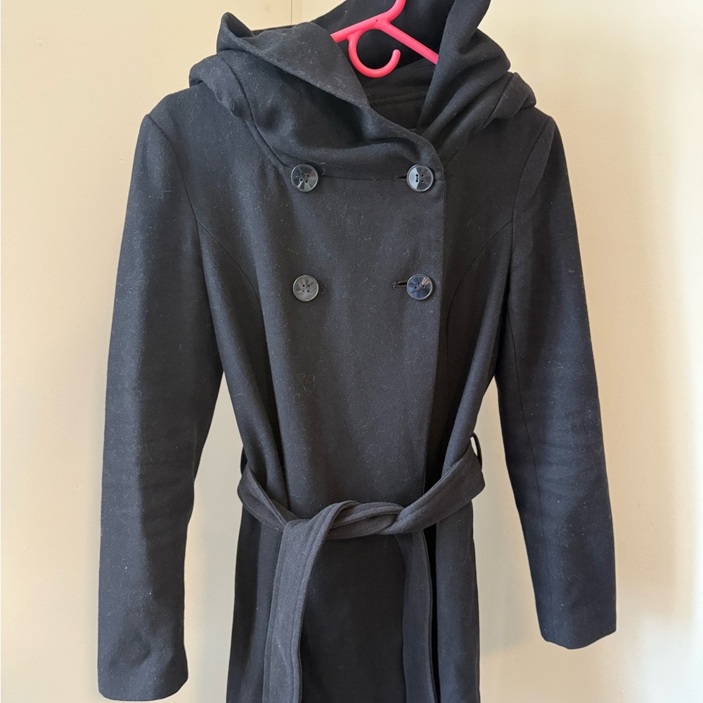 Zara Black Wool Coat with Oversized Hood, size M